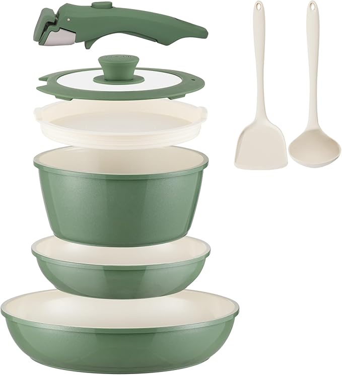 Ceramic Cookware Set Non Stick 8Pcs Pots and Pans Set Detachable Handle Induction Kitchen Cooking Set with Frying Pans Oven Dishwasher Safe PFAS/PFOA Free Forest Green