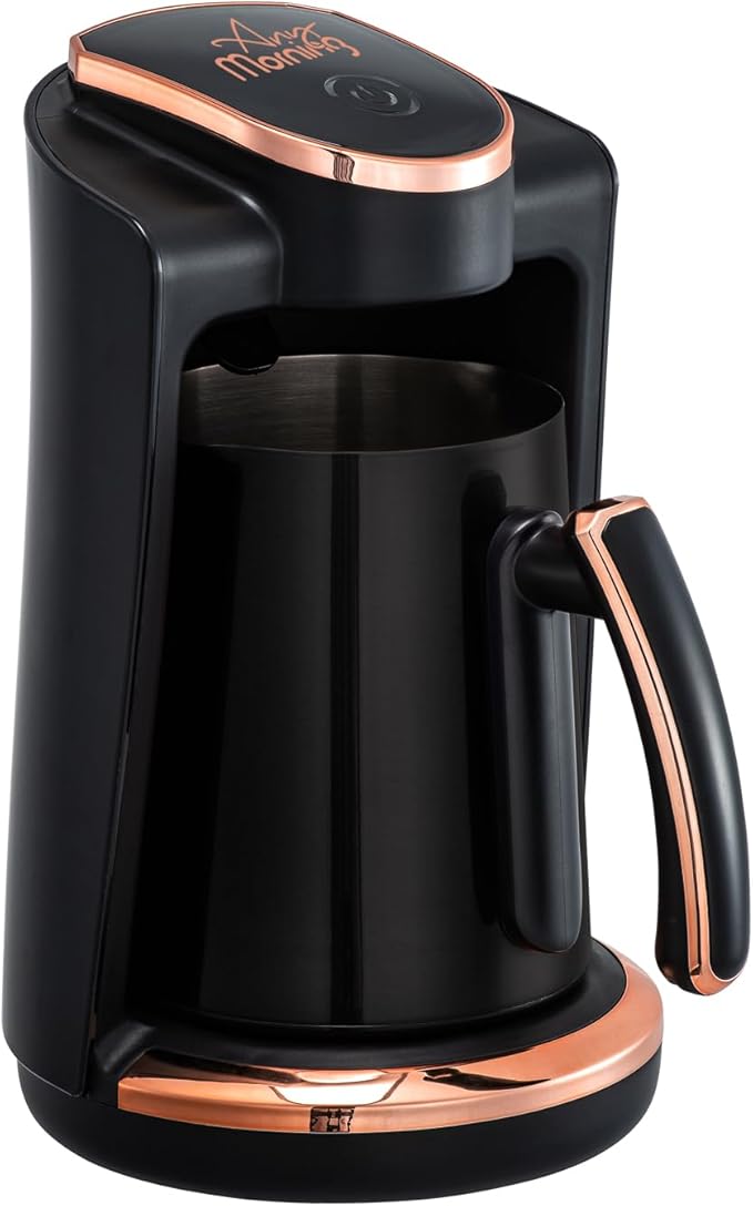 Any Morning Turkish &amp Greek Coffee Maker-Machine 1 to 4 Cups Capacity 100% BPA Free 400W Electric Coffee Pot with Cook Sense Technology Anti-Spill Design Authentic Foamy Brew Black