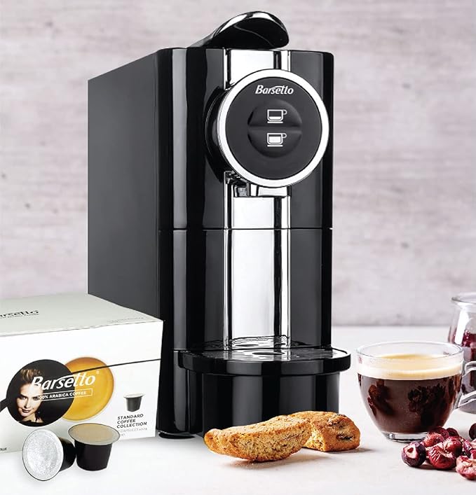 Barsetto One-Touch Espresso Maker with 19 Bar High-Pressure Pump Fast Pre-Heating Short or Long Shots Compatible with Standard Espresso Coffee Pods Black and Silver Automatic Coffee Machine