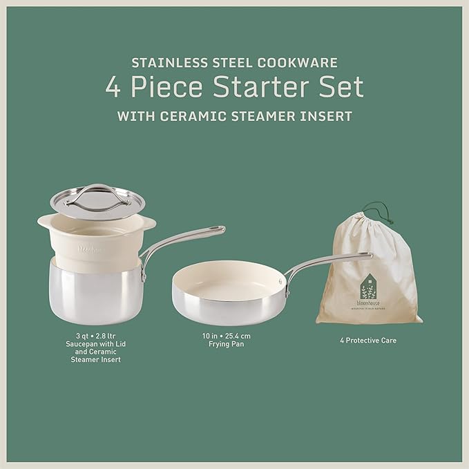 Bloomhouse 4-Piece Triply Stainless Steel Pots and Pans Cookware Set w/Non-Stick Non-Toxic Ceramic Interior and Ceramic Steamer Insert