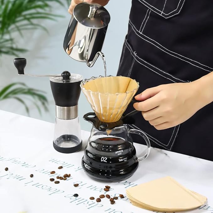 SOTECH Pour Over Coffee Maker Set with Black Gooseneck Kettle Wooden Filter Holder Coffee Dripper Glass Server with Paper Coffee FiltersDIY Manual Coffee Maker Set (Eco-Setbag)