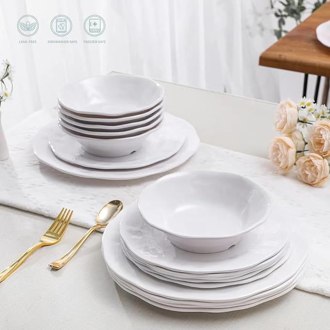 White Melamine Dinnerware Set 18 Pcs Lightweight and Unbreakable Outdoor Plates and Bowls Sets Camping Melamine Dishes Set for 6 Chip Resistant Kitchen Plates for Indoor and Outdoor Use