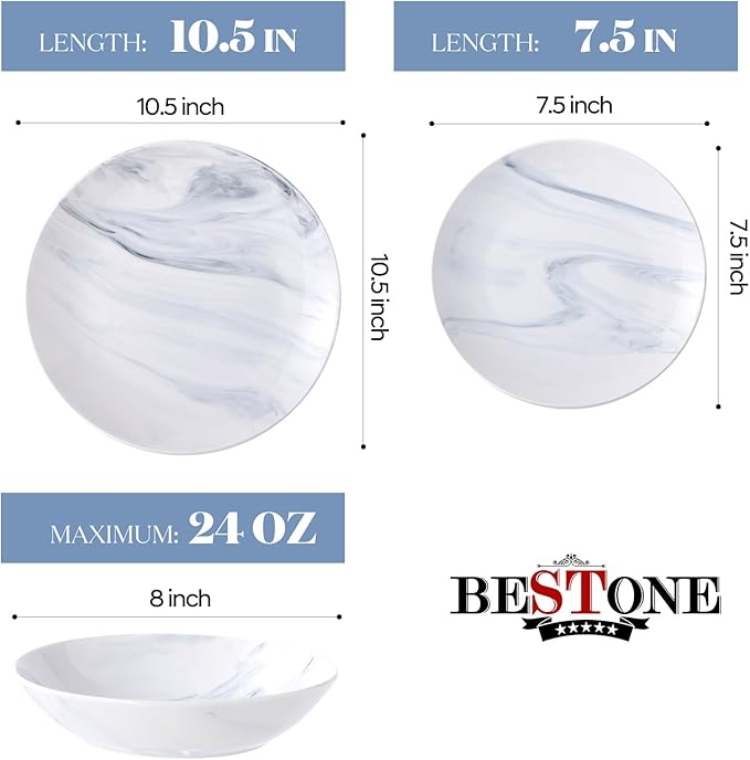 Bestone 12-Piece Round Kitchen Dinnerware Set Plates Bowls Service for 4 Blue and White Marble