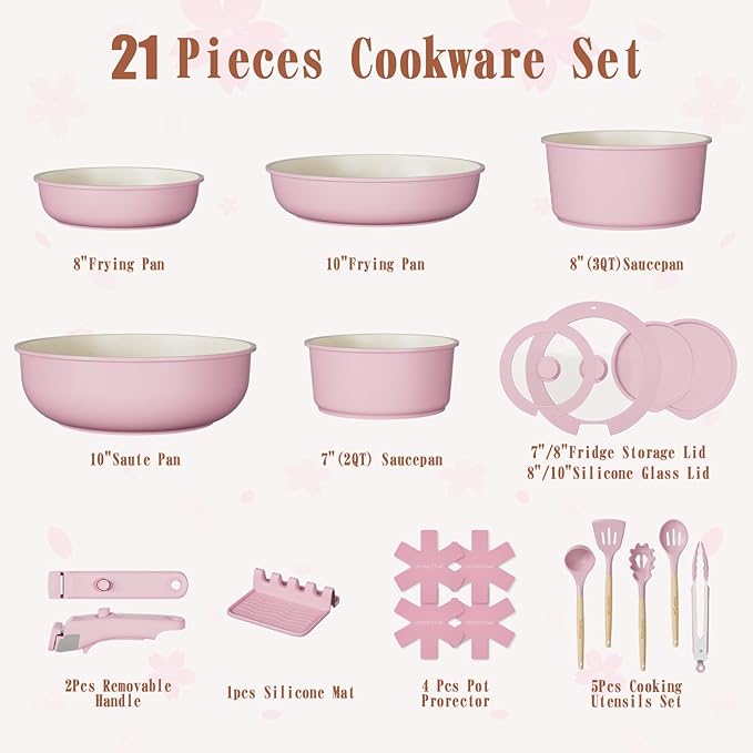 Umite Chef Pots and Pans Set Non Stick 21 pcs Nonstick Ceramic Cookware Set RV Kitchen Cooking Set with Detachable Handles Oven Safe Induction Cookware Stackable Pink PFAS PFOA &amp PTFE Free