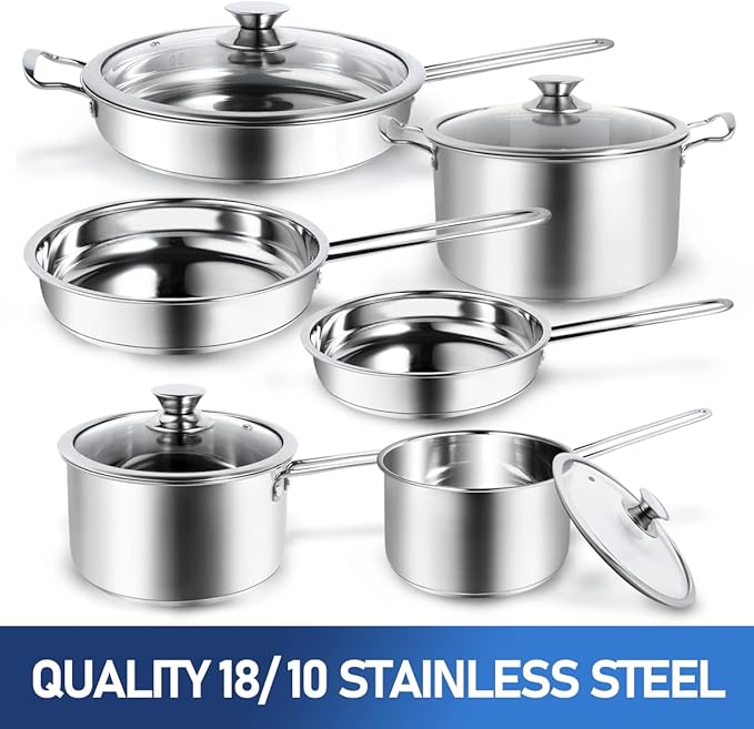 Aufranc 10-Piece Pots and Pans Set Stainless Steel Cookware Set- Includes Ergonomic Handle Saucepans Skillets Dutch Oven Stockpot Steamer &amp More - Premium Pots and Pans for Home Chefs
