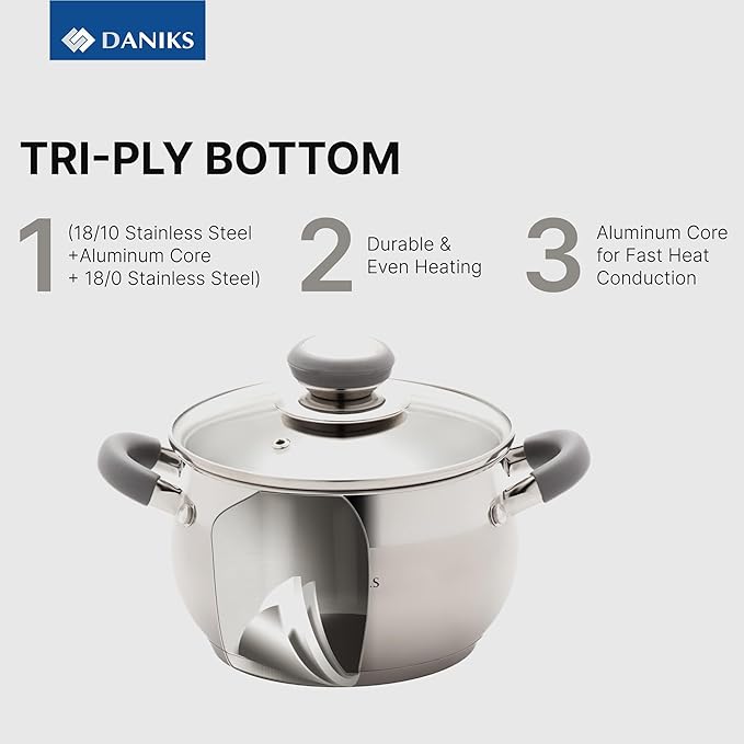 Daniks Modern 6-Piece Stainless Steel Cookware Set with Glass Lids Tri-Ply Bases for Even Heating Induction Compatible Dishwasher Safe Heatproof Handles