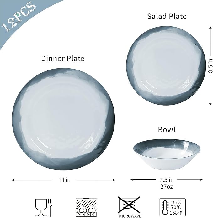 Melamine Dinnerware Sets-12 Pieces Outdoor Plates and Bowls Set for 4 Durable Dinner Plates for Camping Picnics Party Chip Resistant Dishes Grey Blue Dishwasher Safe
