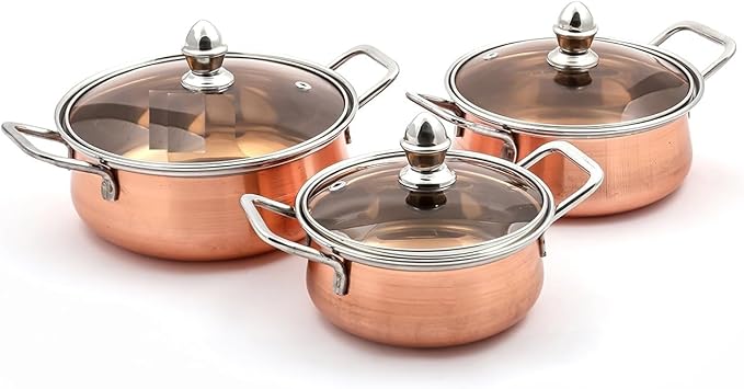 Generic RK_Enterprises Minar Copper with Glass Lid Cookware Set (Stainless Steel Copper 3 - Piece)