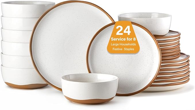 24 Piece Dinnerware Sets for 8 - Farmhouse Ceramic Plates and Bowls Sets - Scratch Resistant Stoneware Dishes Set Dishwasher &amp Microwave Safe Stack Compactly Dishware - Vintage White