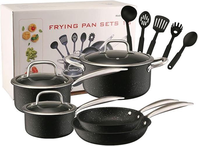 Nonstick Kitchen Pots and Pans Set with Visual Lid Includes Milk Pot Soup Pot Frying Pan and Tableware Sets 13Pcs Induction Cookware Cooking Set for Oven &amp Dishwasher Safe