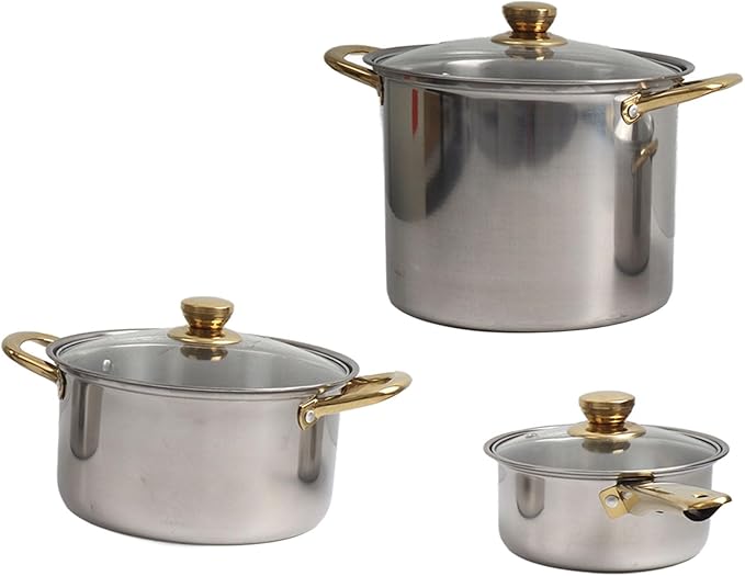 Stainless Steel Pots and Pans Set with Golden Handles Multifunctional Cookware Quick Cooking Experience Heat Retention Lids Complete 5 Piece Set Stylish and