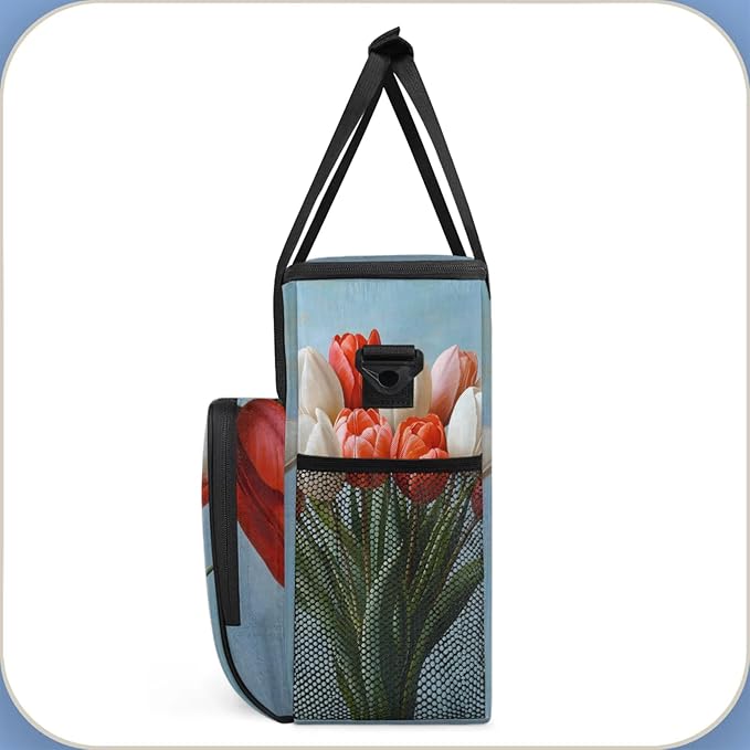Floral Tulip Bouquet Coffee Maker Travel Bag for Keurig K-Mini/K-Mini Plus Insulated Waterproof Tote with Pockets for K-Cup Portable Single-Serve Brewer Case