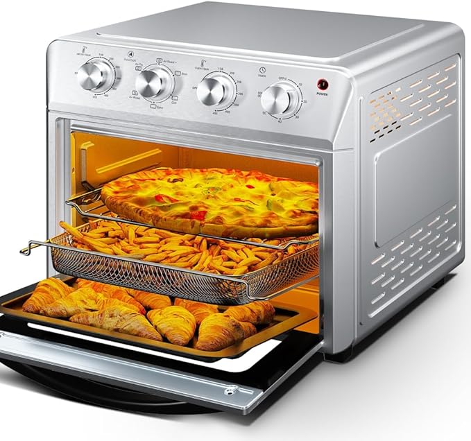 Air Fryer Oven 27.5QT 6-in-1 Countertop Oven Air Fry Bake Broil Toast Warm Dehydrate 4 Knob Control 1600W Family Size Silver