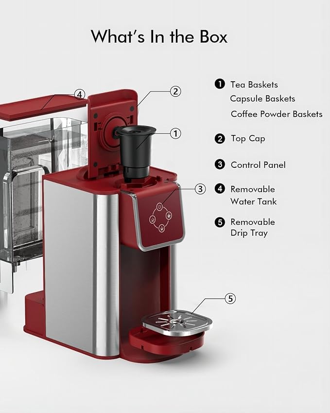 Single Serve Coffee Maker - 3-in-1 K Pod Coffee Machine Ground Leaf Tea 50oz Reservoir Red