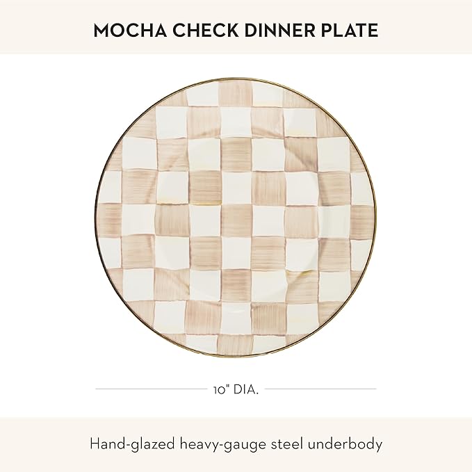 MACKENZIE-CHILDS Enamel Dinner Plate Decorative Dinnerware Plate 10 Inches Brown-and-White Mocha Check