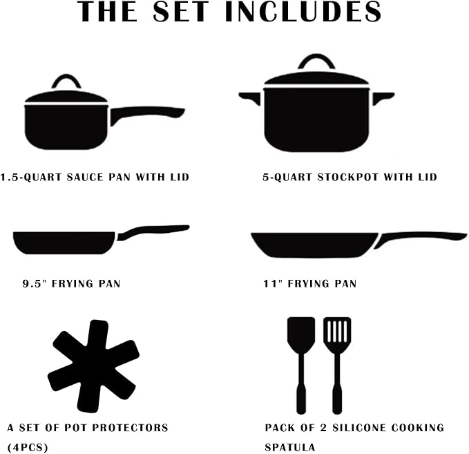 Non Stick Pots and Pans Set Healthy Ceramic Cookware Set 12pcs Kitchen Cooking Pots and Frying Sauce Saute Pans Set PFAS-Free with Kitchen Utensils and Lid Black