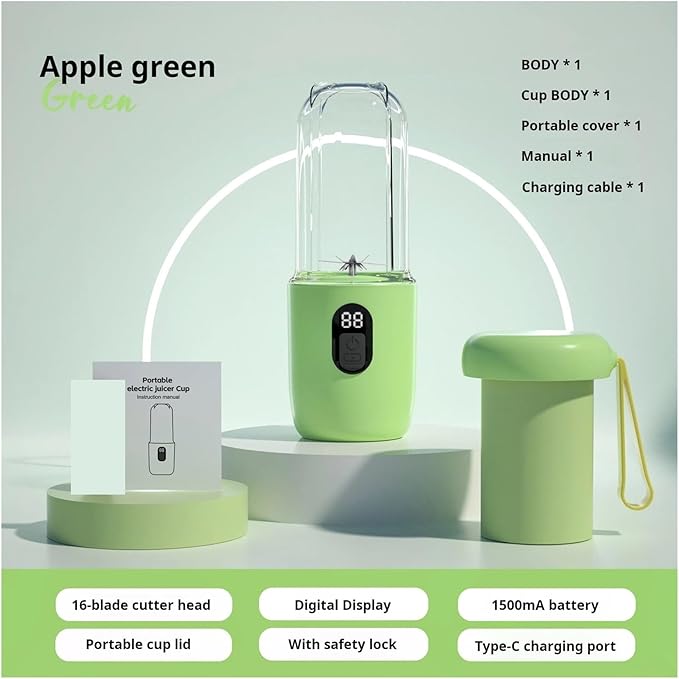 Compatible for 500ML Portable Blender with Lid Rechargeable Wireless Orange Juicer 16 Stainless Blades Smoothie Vegetables Fruits Mixer(Light green)