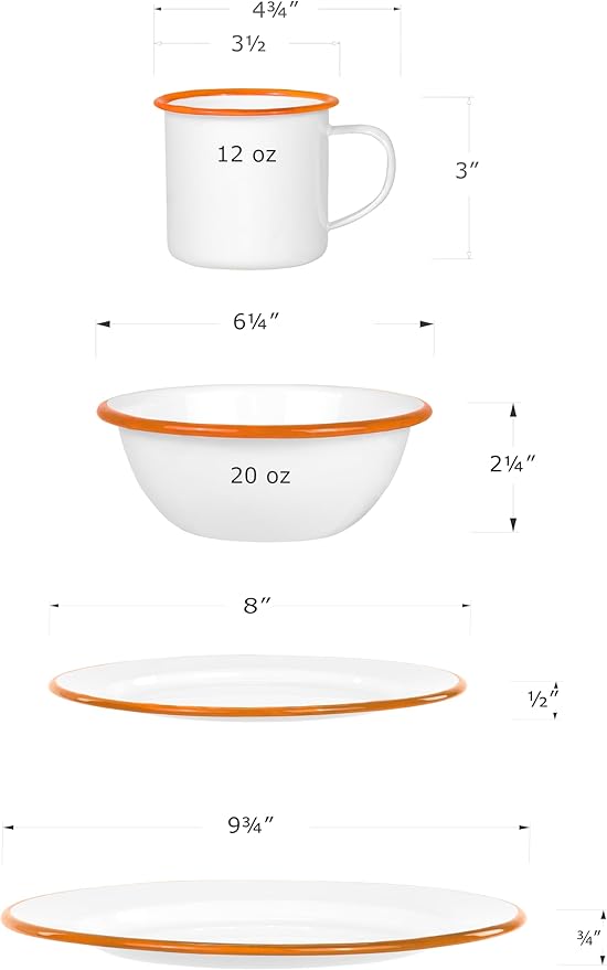 Red Co. 16-Piece Enamelware Metal Dinnerware Set for 4 Solid White/Orange Rim