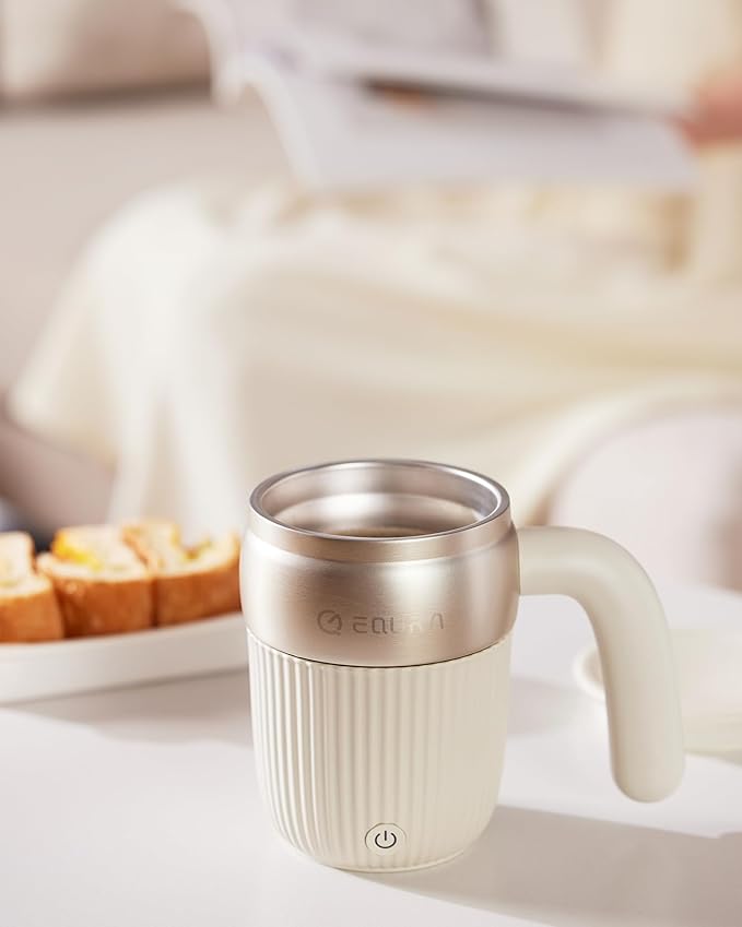 EQURA Automatic Self Stirring Coffee Mug Rechargeable Megnetic Auto Mixer Cup 15oz for Coffee/Milk/Tea/Cocoa for Home/Travel/Office Gifts for Birthday/Christmas (White)