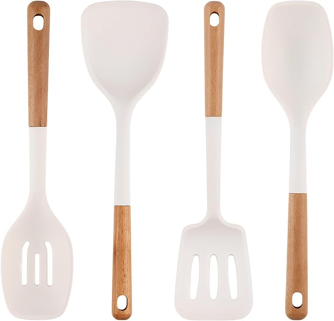 Silicone Kitchen Utensils Set of 4 Large Non-Stick Cooking Utensil Set w Wooden Handle Food Grade Heat Resistance Turner Spoon Silicone Cooking Kitchen Gadgets BPA Free for Nonstick Cookware
