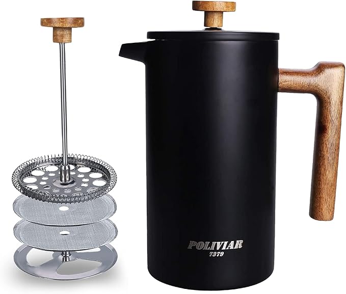POLIVIAR French Press Coffee Maker 34 Ounce Coffee Press with Real Wood Handle Double Wall Insulation &amp Dual- Filter Screen Food Grade Stainless Steel for Good Coffee and Tea (Vintage)