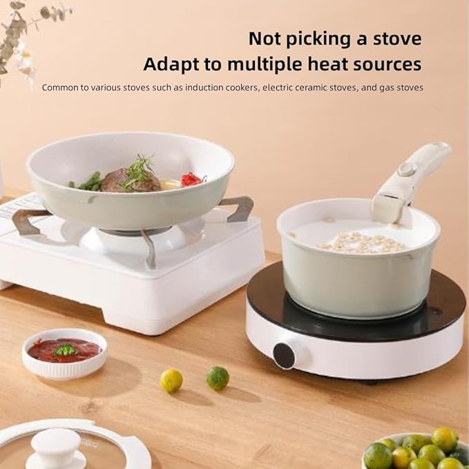 5pcs Pots and Pans SetNonstick Cookware Set Detachable Handle Outdoor Wheat Rice Stone Non Stick Pot Set Milk Pot with Lid Flat Bottom PotOven Safe (Green)