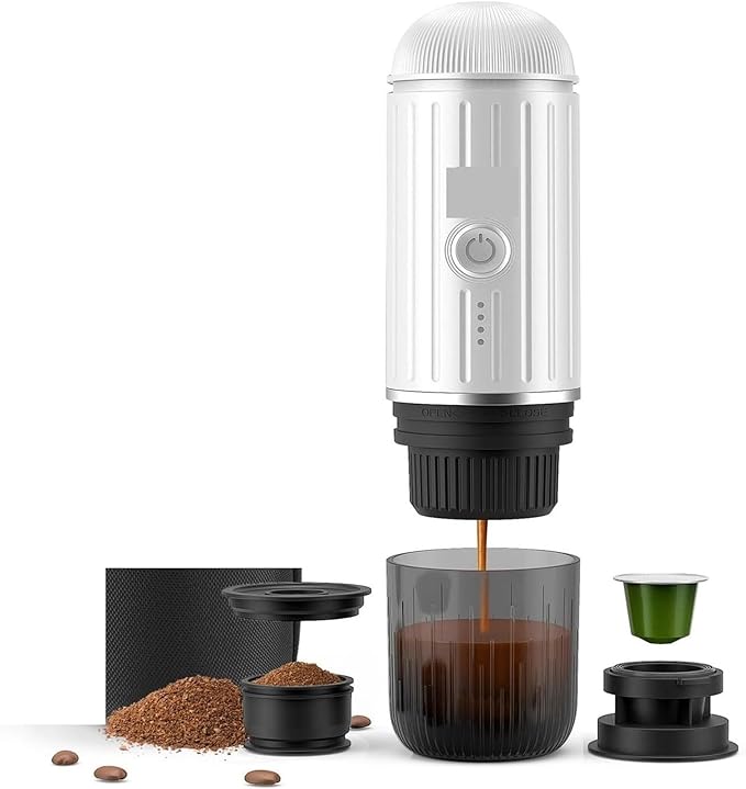 Heating Portable Coffee Machine Fit Capsule And Ground Travel Espresso Maker For Camping Office (Bianco)