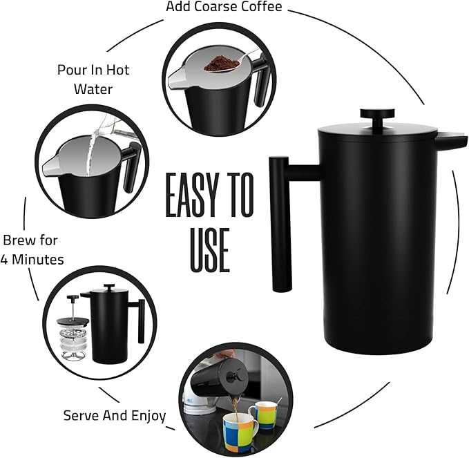 Utopia Kitchen 304 Grade Stainless Steel French Press Coffee Maker 17 Oz Double Wall Insulated Coffee Press with 4-Level Filtration system Include 2 Extra Filters Rust-Free Dishwasher Safe Black