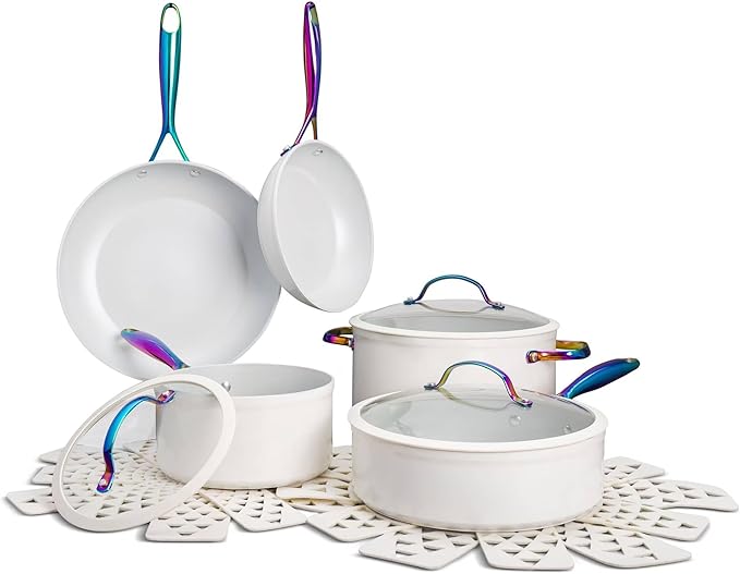 12-Piece Non-Stick Aluminum Cookware Set with Induction Base Oven Safe Black Finish (Cream &amp Rainbow)