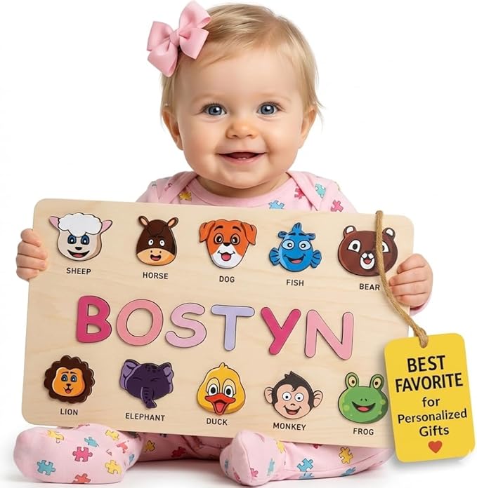 First Birthday Gifts for Girl Personalized Baby Gifts Wooden Puzzles for Toddlers 1-3 Animal Toys for Toddlers 1-3 Customized Baby Gift 1-2 Year Old Toys