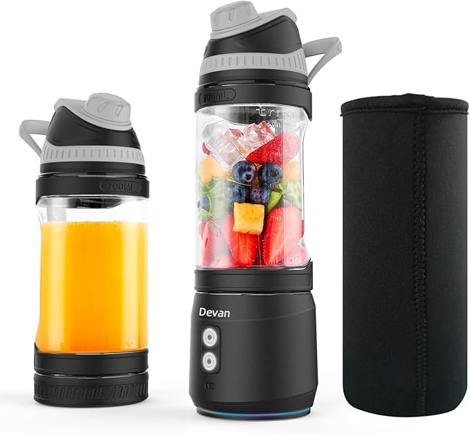 Portable Blender Anti-Jamming 300 Watt for Shakes and Smoothies 24oz Travel Blender USB Rechargeable BPA Free Sporty bottle with a Travel Lid. (Black Base Grey Lid) (Black with Insulated Sleeve)