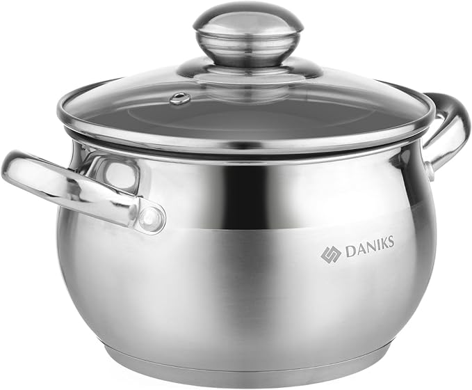 Daniks Classic 2 Quart Stainless Steel Stock Pot with Glass Lid Tri-Ply Bottom for Even Heating Induction Compatible Dishwasher Safe