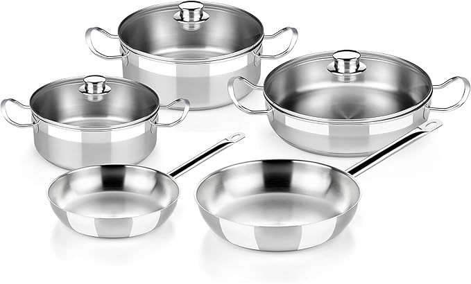 BRA COOKWARE Profesional 8-Piece Stainless Steel Cookware Set | Professional Pots &amp Pans Set | Kitchen Set w/ 2 Pots 1 Sauté Pan 2 Frying Pans 3 Lids | All Heat Sources Compatible | PFOA Free