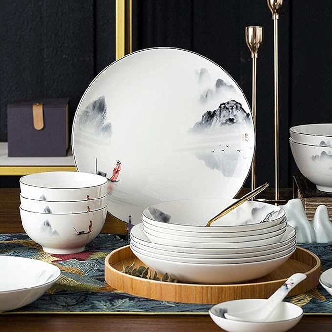 Chinese Dinnerware Set for 4/6/12 Black and White Plates and Bowls Porcelain 18 Pieces