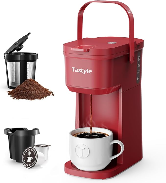 Single Serve One Cup Coffee Maker for K Cups and Grounds Mini Coffee Maker with Portable Handle 6 to 12 Oz Brew Size for Travel Camping Office RV and Dorm 120V Vintage Red