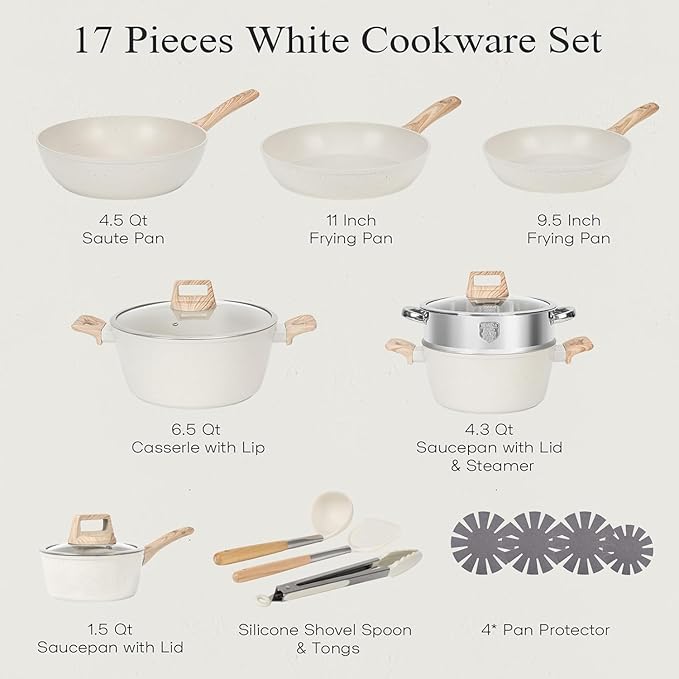 12pcs Pots and Pans Set Non StickKitchen Cookware Sets Induction CookwareNonstick Granite Cooking Set with Frying PansSaucepans Steamer Silicone Shovel Spoon &ampTongs Nonstick Pots Aluminium (Bl
