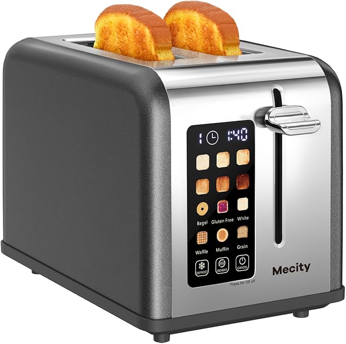 Mecity 2 Slice Touch Screen Toaster 1.5 Wide Slot Stainless Steel Smart Toaster for Bagels Muffins Waffles Gluten-Free Breads Defrost Reheat Timer 120V 825W Grey Pearl
