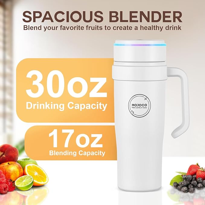 MOJOCO Portable Smoothie Blender – 30oz Personal Blender with Insulated Cup for Smoothies &amp Shakes – Rechargeable/Cordless Leakproof Food-Grade Small Juice Maker for Home Office Gym Travel R