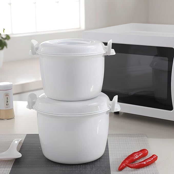 Generic Large White Microwave Cooker With Lids 3-Cup Capacity Mini Rice Cooker And Steamer With Locking Vent Lid