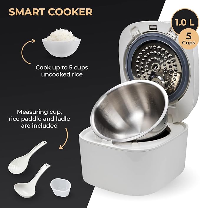 Buffalo SMART COOKER Induction Heating IH Rice Cooker and Warmer 1 L 5 cups of rice Non-Coating inner pot Efficient Multiple function White (5 cups)
