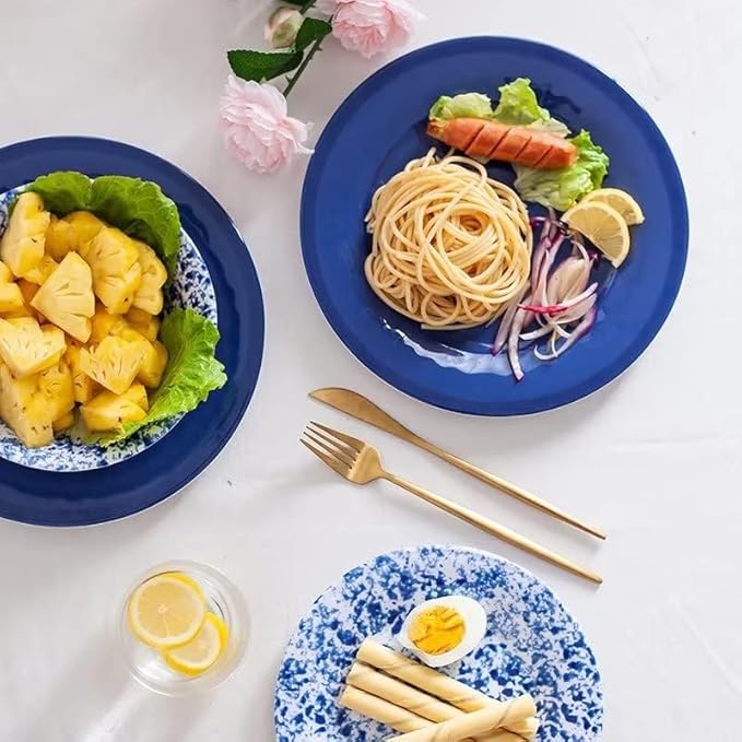 Melamine Dinnerware Set 12 Piece Service for 4 Blue and White Porcelain Tableware Dishes for Indoor and Outdoor Use Unbreakable Plates and Bowls Sets Dishwasher Safe BPA Free