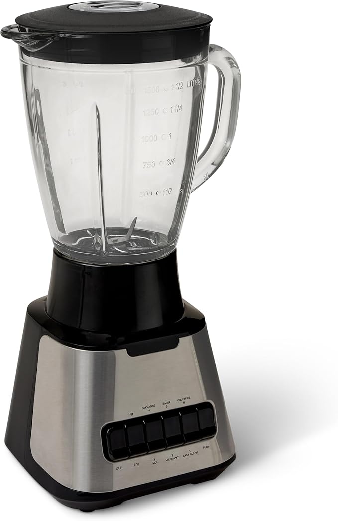 Amazon Basics Powerful 700W Countertop Blender with 6-Cup (50 Fl. Oz) Glass Jar 6 Pre-Programmed Functions Ice Crush Stainless Steel Blades Black &amp Silver