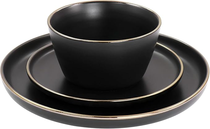 16 Piece Stoneware Dinnerware Set with Gold Rim – Matte Black White &amp Slate Plates Bowls and Mugs – Microwave &amp Dishwasher Safe Tableware Set for 4 (Matte Black)