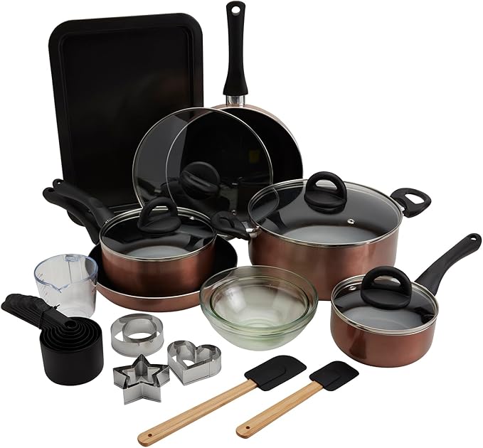 Basic Essentials 29-Piece Nonstick Cookware Pots Pans Set Baking Sheet Cookie Cutters Mixing Bowl Measuring Cups &amp Spoon Copper