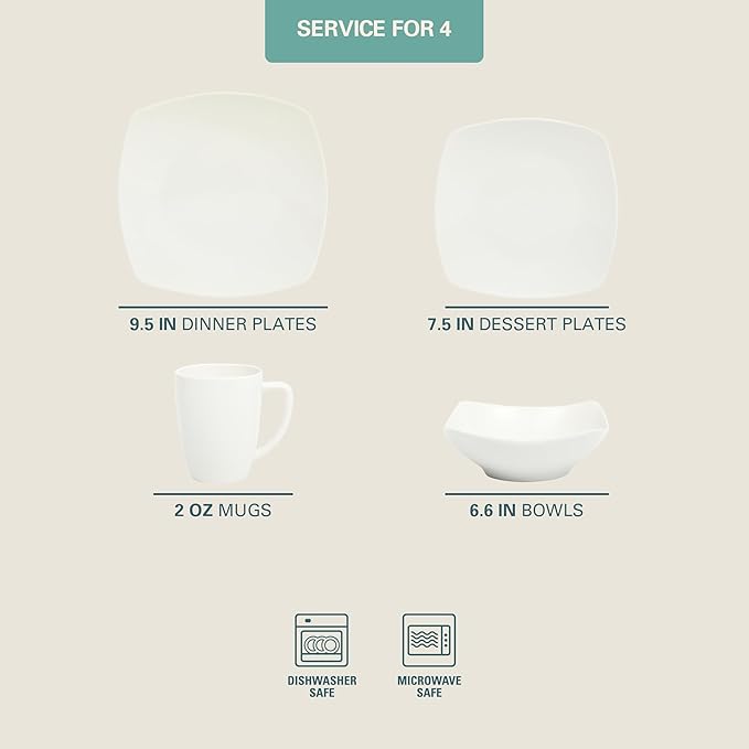 Gibson Home Zen Buffet Porcelain Chip and Scratch Resistant Dinnerware Plates Bowls and Mugs Set Service for 4 (16pcs) White (Square Dishes)