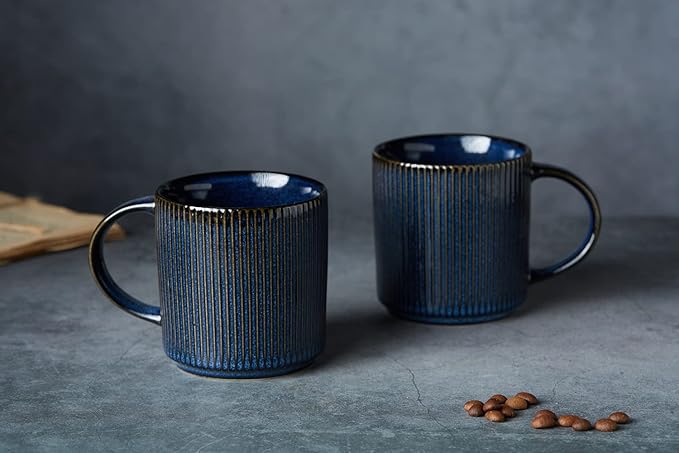 Famiware Dinnerware Set for 4 (12 Piece) and 12oz Mug Set (6 Piece) and 3oz Espresso Cups and Saucers Set- Star Stoneware Dishes - Nebulas Blue