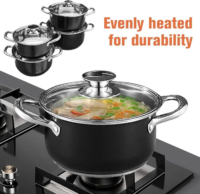 Stainless Steel Pot Set with Glass Lid 8 Pieces Cookware Set 3/4/5/7 Quarts Soup Pot Set Bases for Even Heating Induction Compatible Dishwasher Safe