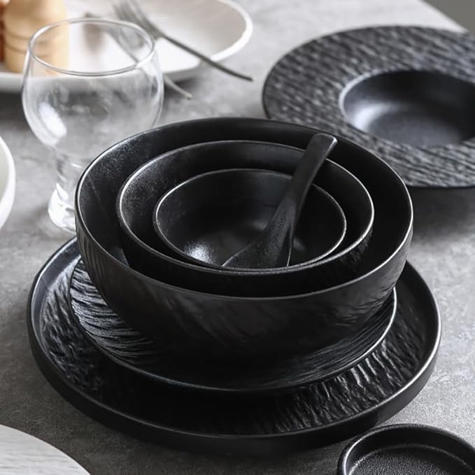 Wabi Sabi Stone Texture Ceramic Dinnerware Set 16-Piece Matte Bowl &amp Plate Set - 10” &amp 8” Plates Bowl Cups - Minimalist Stoneware for Modern Dining (Black/White) (black)