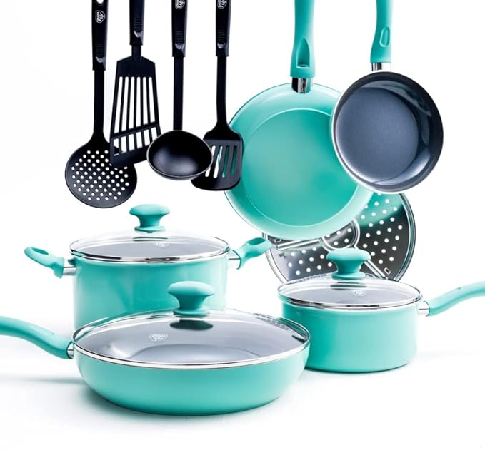 Diamond Ceramic Non-stick 13Pc Cookware Set Turquoise