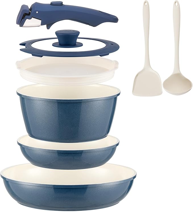 Ceramic Cookware Set Non Stick 8Pcs Pots and Pans Set Detachable Handle Induction Kitchen Cooking Set with Frying Pans Oven Dishwasher Safe PFAS/PFOA Free Navy